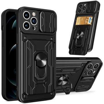 Alogy Camshield Stand Ring Wallet Case mit Kameraabdeckung und Kartenfach für Apple iPhone 14 Pro Black Glass