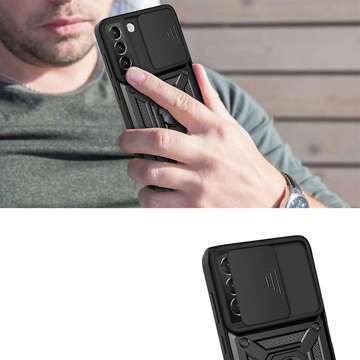 Alogy Camshield Stand Ring gepanzerte Hülle mit Kameraabdeckung für Samsung Galaxy S22 Plus, schwarzes Glas