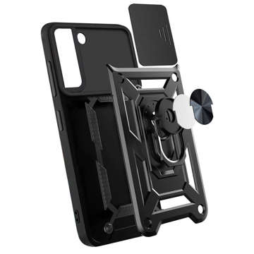 Alogy Camshield Stand Ring gepanzerte Hülle mit Kameraabdeckung für Samsung Galaxy S22 Plus, schwarzes Glas