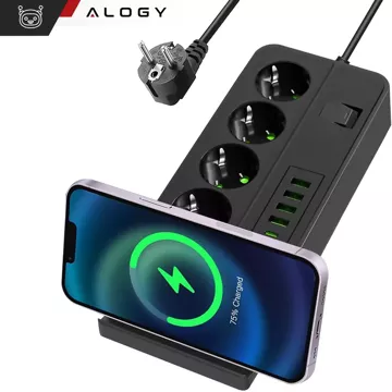 Alogy Plug Extender Steckdosenverteiler Splitteradapter Verlängerungskabel mit Qi-Induktionsladegerät 4x EU-Stecker 4x USB 2x USB-C Schwarz