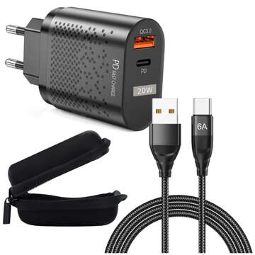 Alogy Schnelles USB-Ladegerät USB-C Typ C QC 3.0 PD 20 W schwarzes Kabel 6 A 1 m Gehäuse