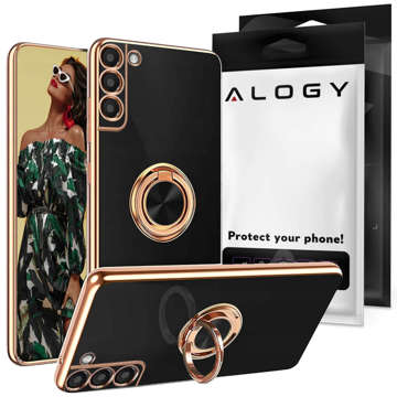 Alogy TPU Luxury Ring Case mit Fingerringhalter für Samsung Galaxy S21 FE 5G Schwarz mit Goldrahmen