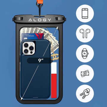 Alogy Waterproof Case universelle wasserdichte IPX8-Tasche für Telefone bis zu 9 Zoll und Zubehör Schwarz