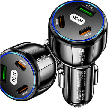 Autoladegerät 2x USB C PD 30W USB QC 3.0 LED schnell leistungsstark 90W Alogy schwarz