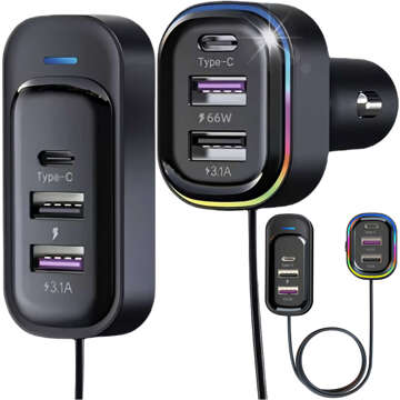 Autoladegerät 4x USB 2x USB-C Typ C 66W 15W Splitter Fast QC PD 1,4M 6in1 Schwarz