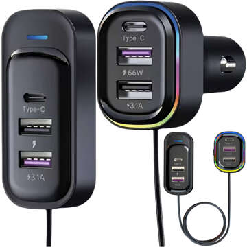 Autoladegerät 4x USB 2x USB-C Typ C 66W 15W Splitter Fast QC PD 1,4M 6in1 Schwarz