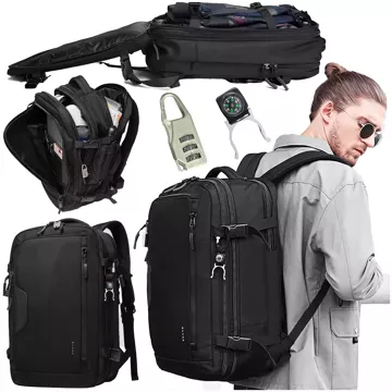 Bange Wasserdichter Rucksack für 15,6-Zoll-Laptop, Stadtreisender, erweiterbar auf 55 x 35 x 21–27 cm, für Flugzeug, Herren, Damen, Vorhängeschloss, Kompass, Flaschenclip, Schwarz