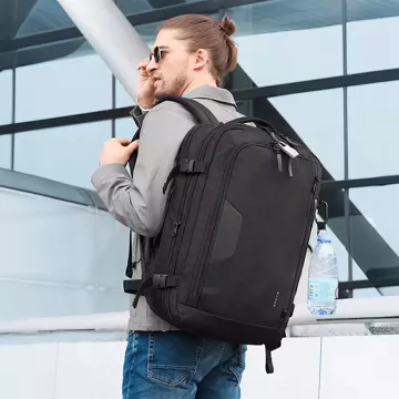 Bange Wasserdichter Rucksack für 15,6-Zoll-Laptop, Stadtreisender, erweiterbar auf 55 x 35 x 21–27 cm, für Flugzeug, Herren, Damen, Vorhängeschloss, Kompass, Flaschenclip, Schwarz