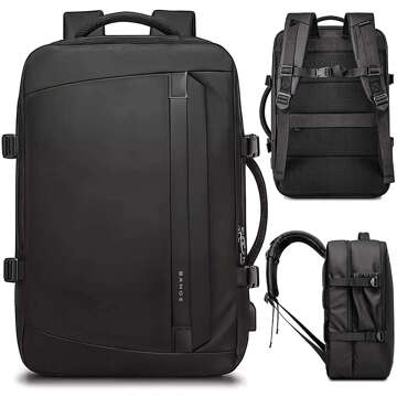 Bange wasserdichter Rucksack, Laptoptasche, 15,6 Zoll, Reisen, 47 x 31 x 20 cm, für Arbeit, Schule, Flugzeug, Herren, Damen, mit USB-Anschluss, Schwarz