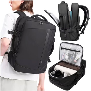 Bange wasserdichter Rucksack, Laptoptasche, 15,6 Zoll, Reisen, 47 x 31 x 20 cm, für Arbeit, Schule, Flugzeug, Herren, Damen, mit USB-Anschluss, Schwarz