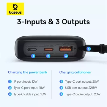 Baseus Qpow Pro 10000 mAh 22,5 W Powerbank mit integriertem USB-C-Kabel und Display – Schwarz