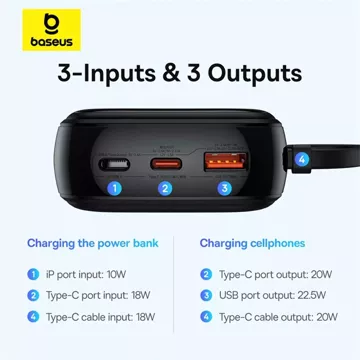 Baseus Qpow Pro 20000 mAh 22,5 W Powerbank mit integriertem USB-C-Kabel und Display – Schwarz