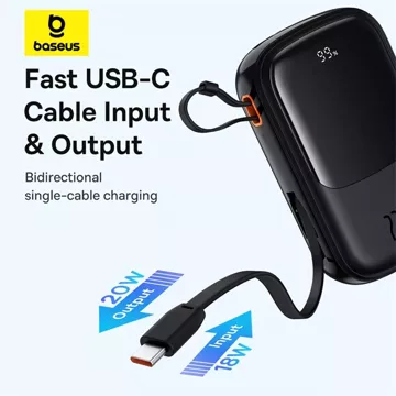 Baseus Qpow Pro 20000 mAh 22,5 W Powerbank mit integriertem USB-C-Kabel und Display – Schwarz