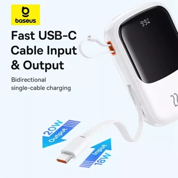 Baseus Qpow Pro 20000 mAh 22,5 W Powerbank mit integriertem USB-C-Kabel und Display – Weiß