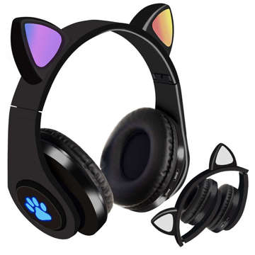 Bluetooth 5.0 LED RGB Over-Ear Wireless Kopfhörer für Kinder mit Katzenohren Schwarz