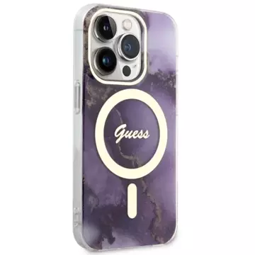 Built on Guess Phone GUHMP14LHTMRSU für Apple iPhone 14 Pro 6,1" Lila/Lila Hardcase Golden Marble MagSafe