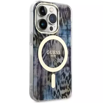 Etui na telefon Guess GUHMP14LHLEOPWB für Apple iPhone 14 Pro 6.1" niebieski/blue hardcase Leopard MagSafe