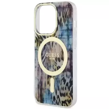 Etui na telefon Guess GUHMP14LHLEOPWB für Apple iPhone 14 Pro 6.1" niebieski/blue hardcase Leopard MagSafe