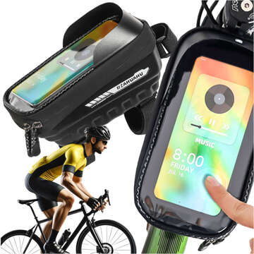 Fahrradtaschenkoffer, wasserdichte Fahrradtasche mit Fenster für 7-Zoll-Telefon, Lenkerhalterung, 2L, Schwarz