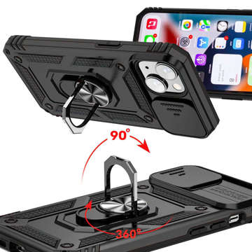 Gepanzerte Hülle für Apple iPhone 13 Mini mit Kameraabdeckung Alogy Camshield Stand Ring Duty Black