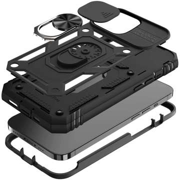 Gepanzerte Hülle für Apple iPhone 13 Mini mit Kameraabdeckung Alogy Camshield Stand Ring Duty Black Glass