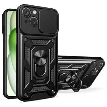 Gepanzerte Hülle für iPhone 15 Camshield Case Ring Alogy Stand mit Schiebekameraabdeckung aus schwarzem Glas