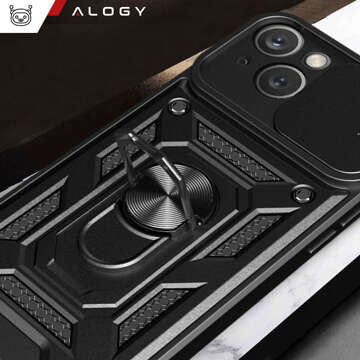 Gepanzerte Hülle für iPhone 15 Camshield Case Ring Alogy Stand mit Schiebekameraabdeckung aus schwarzem Glas