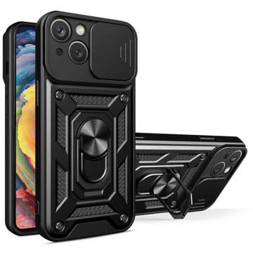 Gepanzerte Hülle für iPhone 15 Plus Camshield Case Ring Alogy Stand mit verschiebbarer Kameraabdeckung, schwarz