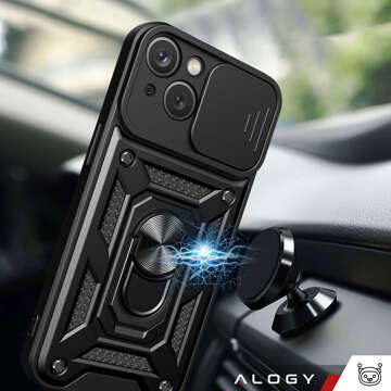 Gepanzerte Hülle für iPhone 15 Plus Camshield Case Ring Alogy Stand mit verschiebbarer Kameraabdeckung, schwarz