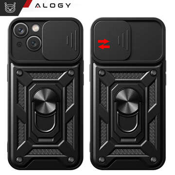 Gepanzerte Hülle für iPhone 15 Plus Camshield Case Ring Alogy Stand mit verschiebbarer Kameraabdeckung, schwarz