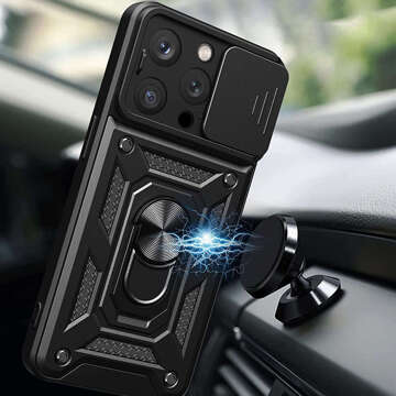 Gepanzerte Hülle für iPhone 15 Pro Camshield Case Ring Alogy Stand mit Schiebekameraabdeckung aus schwarzem Glas