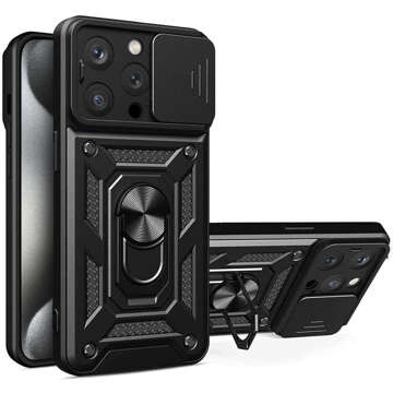 Gepanzerte Hülle für iPhone 15 Pro Camshield Case Ring Alogy Stand mit verschiebbarer Kameraabdeckung, schwarz