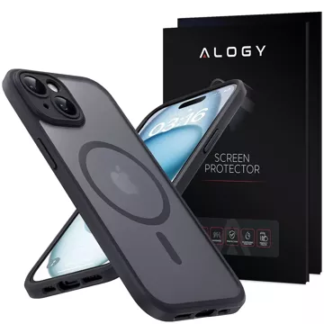 Glashülle für Apple iPhone 15 Alogy MagSafe Hybrid Matte Case Matte Abdeckung mit Linsenschutz Schwarz