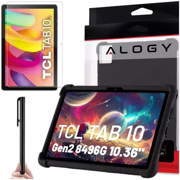 Glashülle für TCL TAB 10 Gen2 8496G 10,36 Zoll 10,4 Tablet-Hülle, Silikon, Alogy Standhülle, Schwarz, Stylus gratis