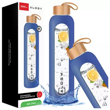 Große Glasflasche, Wasserflasche, Trinkgetränke, Alogy Motivational, Messbecher, 1 l, 1000 ml, Silikonhülle, Blau