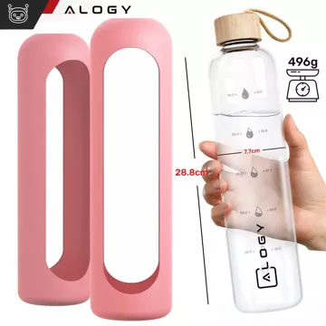 Große Glasflasche, Wasserflasche, Trinkgetränke, Alogy Motivational Messbecher, 1 l, 1000 ml, Silikonhülle, Pink