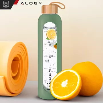 Große Glasflasche Wasserflasche Trinkgetränke Alogy Motivational Messbecher 1l 1000ml Silikonhülle Olive