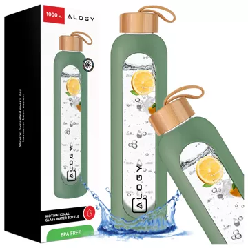 Große Glasflasche Wasserflasche Trinkgetränke Alogy Motivational Messbecher 1l 1000ml Silikonhülle Olive