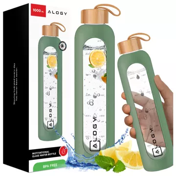 Große Glasflasche Wasserflasche Trinkgetränke Alogy Motivational Messbecher 1l 1000ml Silikonhülle Olive