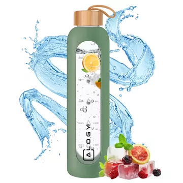 Große Glasflasche Wasserflasche Trinkgetränke Alogy Motivational Messbecher 1l 1000ml Silikonhülle Olive