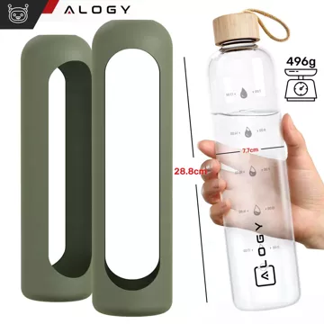 Große Glasflasche Wasserflasche Trinkgetränke Alogy Motivational Messbecher 1l 1000ml Silikonhülle Olive