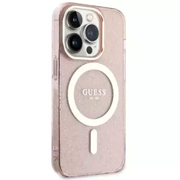 Guess GUHMP14XHCMCGP Handyhülle für Apple iPhone 14 Pro Max 6,7" Pink/Pink Hardcase Glitter Gold MagSafe