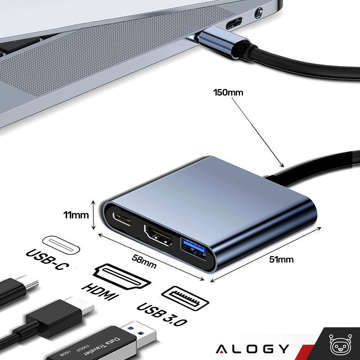 HUB 3in1 Adapter USB-C auf HDMI USB-A USB-C 4K 60Hz Alogy grau