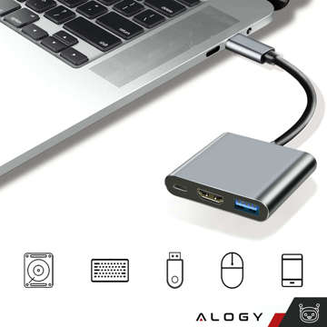 HUB 3in1 Adapter USB-C auf HDMI USB-A USB-C 4K 60Hz Alogy grau