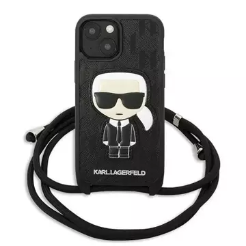 Handyschutzhülle Karl Lagerfeld KLHCP13SCMNIPK für Apple iPhone 13 Mini 5.4" Hardcase schwarz/schwarz Leder Monogram Patch und Kordel Iconik