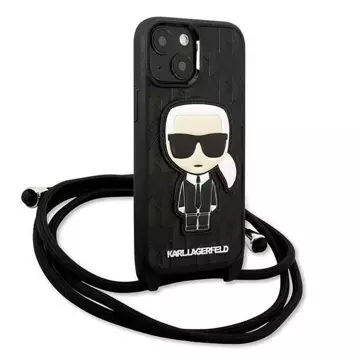 Handyschutzhülle Karl Lagerfeld KLHCP13SCMNIPK für Apple iPhone 13 Mini 5.4" Hardcase schwarz/schwarz Leder Monogram Patch und Kordel Iconik