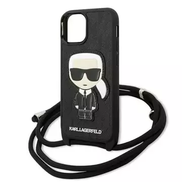 Handyschutzhülle Karl Lagerfeld KLHCP13SCMNIPK für Apple iPhone 13 Mini 5.4" Hardcase schwarz/schwarz Leder Monogram Patch und Kordel Iconik