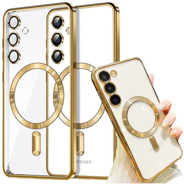 Hülle für Samsung Galaxy S24 Plus Mag Safe Glamour Case Ringgehäuse Kameraschutz Alogy Gold Transparent