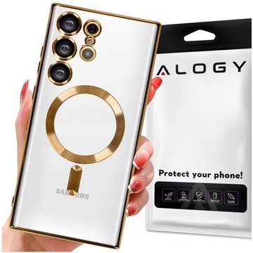 Hülle für Samsung Galaxy S24 Ultra Mag Safe Glamour Case Ringgehäuse Kameraschutz Alogy Gold Klarglas