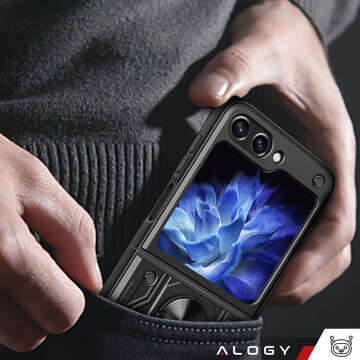 Hülle für Samsung Galaxy Z Flip 5 Armored Ring Case Anti-Shock Camshield Stand Alogy schwarz